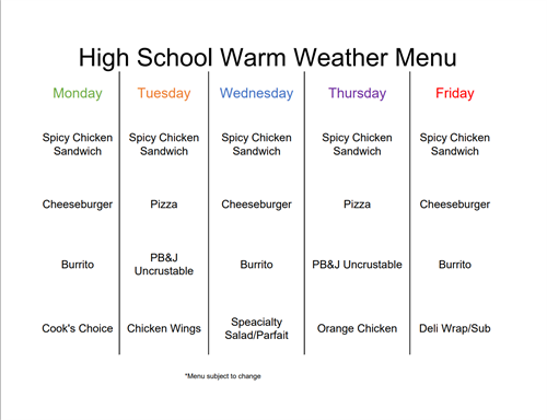 HS warm weather menu